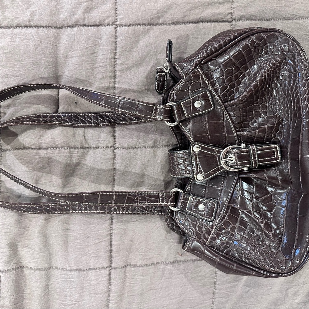 Y2K Inspired - Dark Brown Croc-Embossed Shoulder Bag